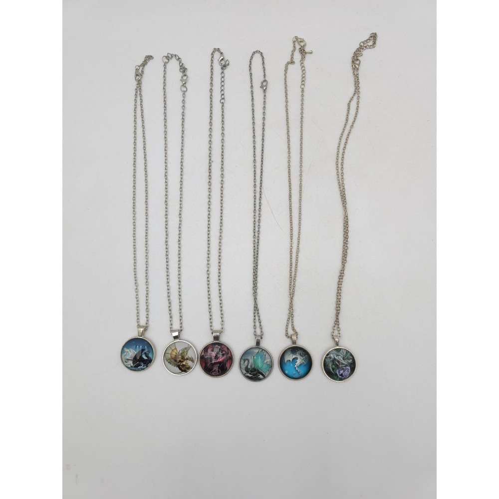 Lot‎ of 6 Fantasy Dragon Pendants Art Scene Under Domed Acrylic Silver Tone